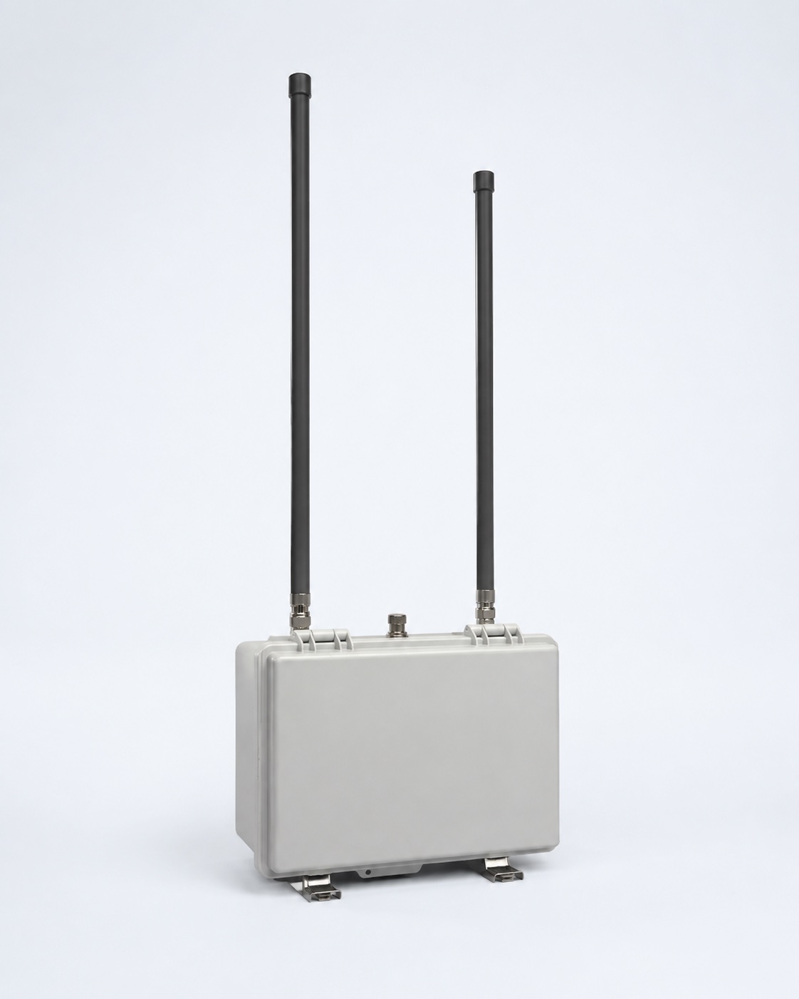 Studio illustration of the initial CAVOK Node prototype: a grey enclosure with two tall black antennas