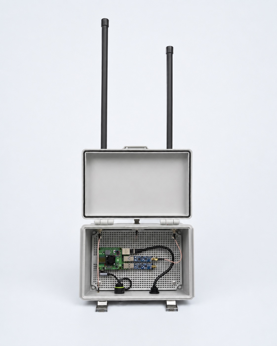 Studio illustration of the open test Node showing the receiver boards, local computing hardware and cabling